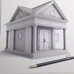 a house is on a table with a pen and eraser