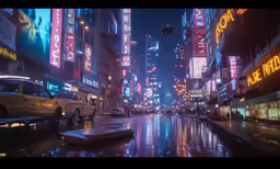 a night scene in the city with cars and people on the sidewalk
