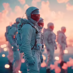 there are many men in white suits walking together