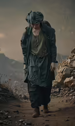 woman in green with hat walking on rocks outdoors