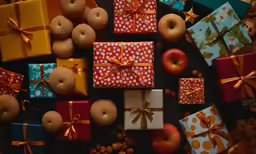 an image of many wrapped presents with bows and apples