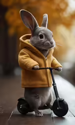 the bunny has on a mustard colored coat, but is balancing a tiny bike