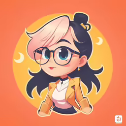 an anime girl in glasses sitting down