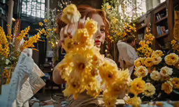 a woman with orange hair is sitting at a table next to flowers
