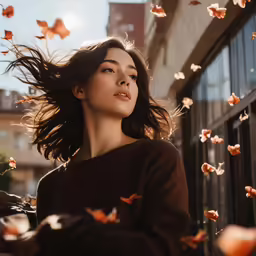 the woman in a brown sweater is flying her hair