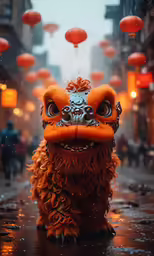 a dragon like animal standing on a wet street