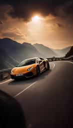 a brown sports car driving down the road