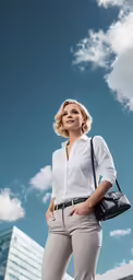 a woman posing for a photo in front of a blue sky