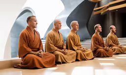 eight buddhist monks with brown robes sitting side by side