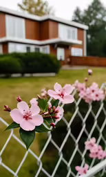 pink flowers are growing on a fence with a house in the background