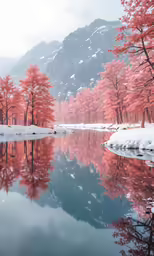 a reflection of a mountain with red trees