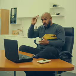 a man sitting on a table looking at his cellphone
