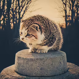 a small kitten is sitting on top of a cement slab