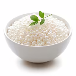 a white bowl filled with white pearl beads and green sprout