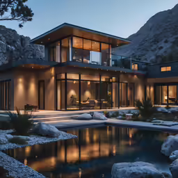 an outside view of a house with water at night