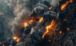 a man in a black suit standing next to a pile of fire