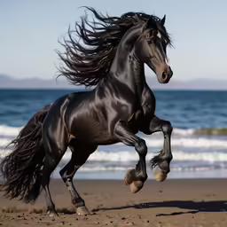 a black horse is trotting on the sand