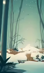 a snowy woods with some plants in it