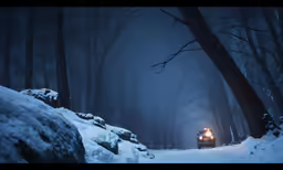 man in the snow riding his truck into the dark