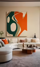 modern living room with couch, table and artwork