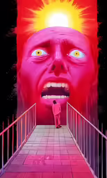 a poster of a man in red, his face is glowing and the sky appears to be black