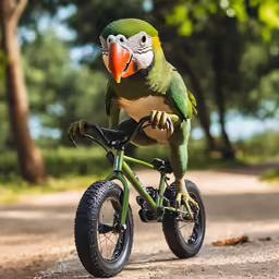 an image of a bird that is riding a bike
