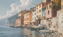 a long row of buildings sitting along a beach