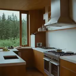 the kitchen with windows is empty and a stainless steel range hood