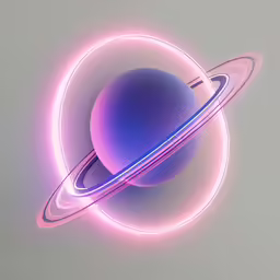 the planet, saturn with a bright pink outline on a gray background
