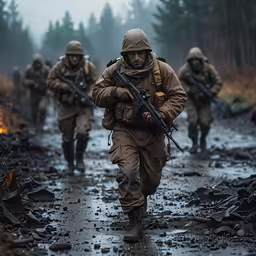soldiers walk through mud and debris in the rain