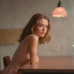 a woman posing on top of a table