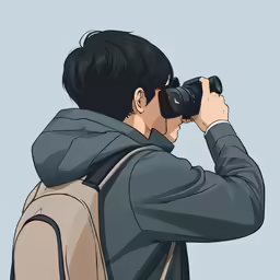 the back view of a person wearing a backpack while looking through binoculars