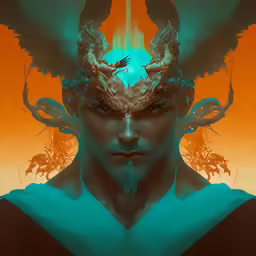 a man with an alien head in front of orange background