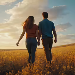 a couple holding hands walking through a large field