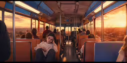 a woman sitting on a bus looking at her phone,people sit in train seats as the sun rises