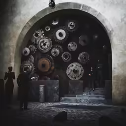 a man and a woman in a large area with a lot of gears