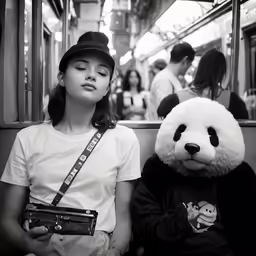 two people on a subway with a panda bear