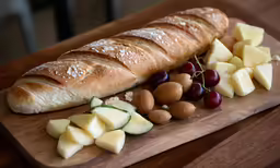 a bread and grapes are sitting on a cutting board