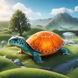 a green and orange turtle is sitting on some moss