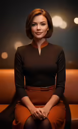 a woman sitting on top of a brown chair in front of lights