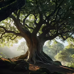 a huge, old tree with lots of leaves growing around it