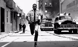 police man running across the road towards car on the other side,black and white photograph of a police officer running in the street