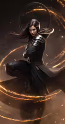 an illustration of a woman with long hair in black and gold armor