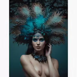 a naked woman with feathery hair is wearing a blue mask