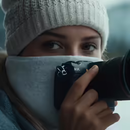 a woman holding up a camera to take a photo