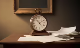 a clock sitting on top of a table next to paperwork