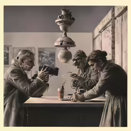 a group of people sit at a table in front of a camera