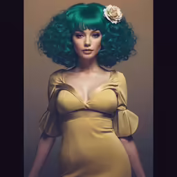 a woman in a dress with green hair