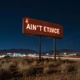 a red lit sign at an intersection and mountains in the background