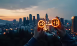 a person holds out two circles of neon in the city at night